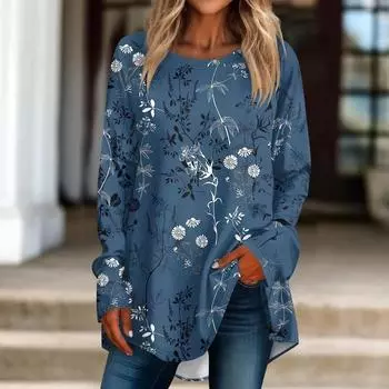 Женская повседневная футболка больших размеров с длинными рукавами и круглым принтом, топ, футболки-пуловеры для женщин S коричневый