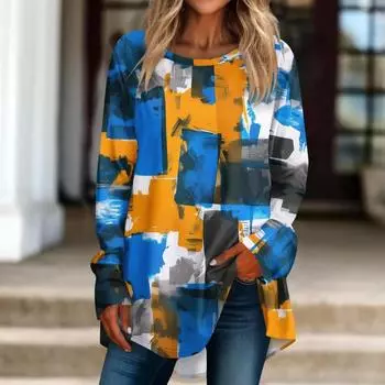 Женская повседневная футболка больших размеров с длинными рукавами и круглым вырезом с принтом, топ, футболки-пуловеры для женщин XXL фиолетовый