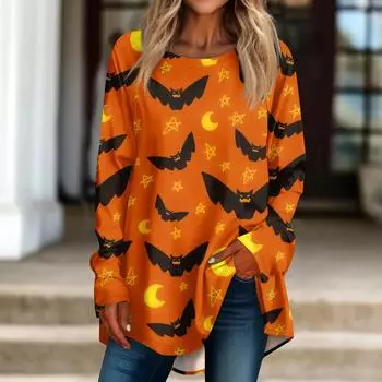 Женская повседневная футболка больших размеров с длинными рукавами и круглым принтом, верхний пуловер XXXL