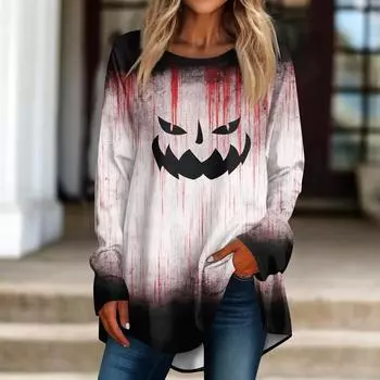 Женская повседневная футболка больших размеров с длинными рукавами и круглым принтом, верхний пуловер XXXL