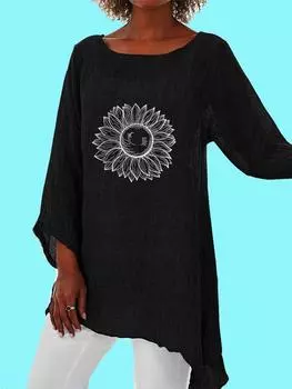 Женская повседневная футболка больших размеров, женская свободная рубашка нерегулярной формы, топ с принтом лотоса, женский модный топ с длинным рукавом и круглым вырезом S белый