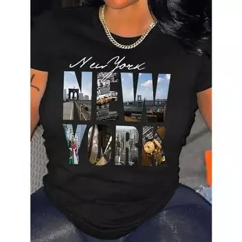 Футболка женская повседневная из хлопка с принтом в виде букв большого размера, с коротким рукавом и круглым вырезом, слегка эластичная, с принтом, повседневная женская футболка S