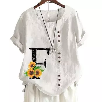 Женская повседневная футболка из хлопка и льна с принтом алфавита, круглым вырезом и короткими рукавами, S-5XL S
