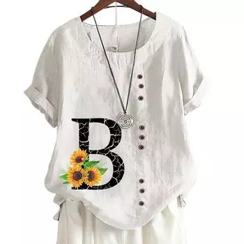 Женская повседневная футболка из хлопка и льна с принтом алфавита, круглым вырезом и короткими рукавами, S-5XL S