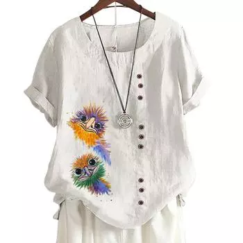 Женская повседневная футболка из хлопка и льна с круглым вырезом и короткими рукавами — 6 стильных узоров S