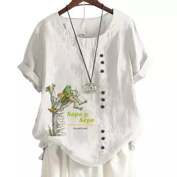 Женская повседневная футболка из хлопка и льна с круглым вырезом и короткими рукавами — 6 стильных узоров S