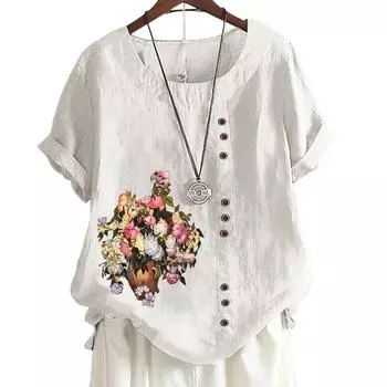 Женская повседневная футболка из хлопка и льна с круглым вырезом и короткими рукавами — 6 стильных узоров S