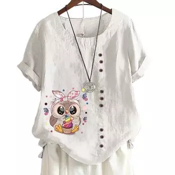 Женская повседневная футболка из хлопка и льна с круглым вырезом и короткими рукавами — 6 стильных узоров S