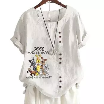Женская повседневная футболка из хлопка и льна с милым принтом, круглым вырезом и короткими рукавами, украшение на пуговицы, S-5XL S