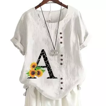 Женская повседневная футболка из хлопка и льна с принтом алфавита, круглым вырезом и короткими рукавами, S-5XL S