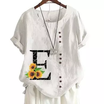 Женская повседневная футболка из хлопка и льна с алфавитом и цветочным принтом, круглым вырезом и короткими рукавами, S-5XL S