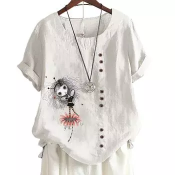 Женская повседневная футболка из хлопка и льна с круглым вырезом и короткими рукавами — с принтом S