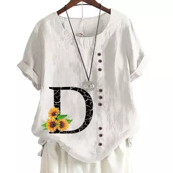 Женская повседневная футболка из хлопка и льна с алфавитом и цветочным принтом, круглым вырезом и короткими рукавами, S-5XL S