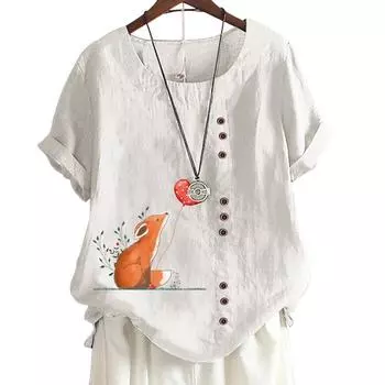 Женская повседневная футболка из хлопка и льна с милым принтом, круглым вырезом и короткими рукавами, украшение на пуговицы, S-5XL S