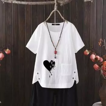 Женская повседневная футболка из хлопка и льна с 6 принтами, круглыми вырезами и короткими рукавами, s-4xl S белый