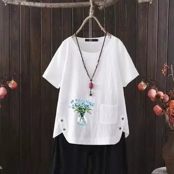 Женская повседневная футболка из хлопка и льна с 6 принтами, круглыми вырезами и короткими рукавами, s-4xl S белый