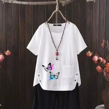 Женская повседневная футболка из хлопка и льна с 6 принтами, круглыми вырезами и короткими рукавами, s-5xl S белый