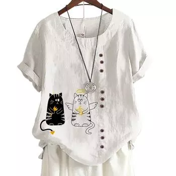 Женская повседневная футболка из льна и хлопка с 6 уникальными рисунками животных, круглым вырезом, короткими рукавами, S-5XL S