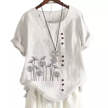 Женская повседневная футболка из льна и хлопка с 8 классическими черно-белыми ботаническими цветочными узорами, круглым вырезом, короткими рукавами S-5XL S