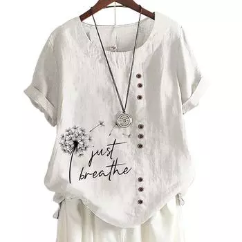 Женская повседневная футболка из льна и хлопка с 8 классическими черно-белыми ботаническими цветочными узорами, круглым вырезом, короткими рукавами S-5XL S