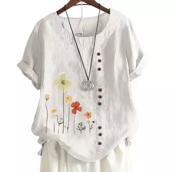 Женская повседневная футболка из льна и хлопка с 6 яркими цветочными узорами, круглым вырезом, короткими рукавами, S-5XL S