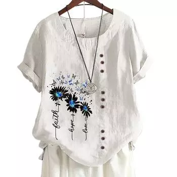 Женская повседневная футболка из льна и хлопка с 6 яркими цветочными узорами, круглым вырезом, короткими рукавами, S-5XL S