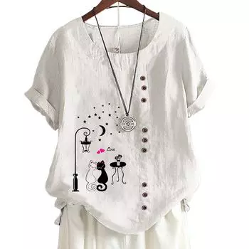 Женская повседневная футболка из льна и хлопка с 6 уникальными рисунками животных, круглым вырезом, короткими рукавами, S-5XL S