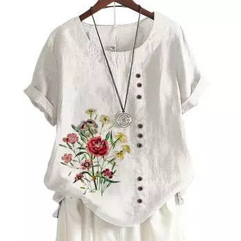 Женская повседневная футболка из льна и хлопка с 6 яркими цветочными узорами, круглым вырезом, короткими рукавами, S-5XL S