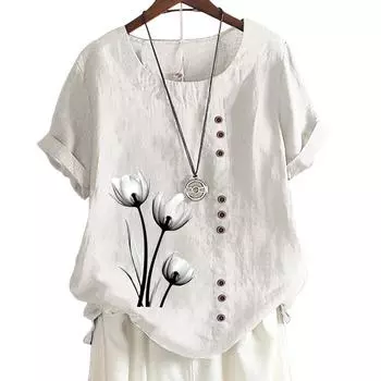 Женская повседневная футболка из льна и хлопка с 8 классическими черно-белыми ботаническими цветочными узорами, круглым вырезом, короткими рукавами S-5XL S