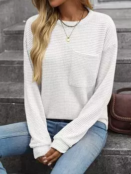 Женская повседневная футболка из вафельной вязки, однотонный топ свободного кроя с круглым вырезом и карманом, дышащая футболка свободного кроя, повседневный базовый свитер S хаки