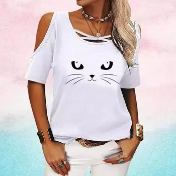 Женская повседневная футболка, летняя футболка с коротким рукавом, модная рубашка с открытыми плечами и круглым вырезом, футболка с принтом кота, пуловер, свободная блузка, женская футболка S хаки