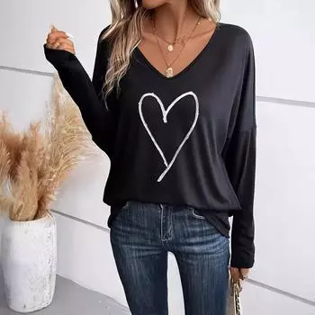 Женская повседневная футболка Love с V-образным вырезом S чёрный