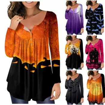 Женская повседневная футболка на пуговицах на Хэллоуин с длинным рукавом и v-образным вырезом XXXXL чёрный