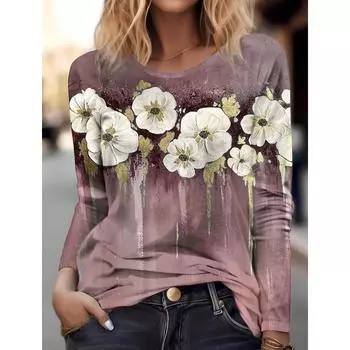 Женская повседневная футболка с 3D-принтом, цветочным принтом, круглым вырезом, в стиле ретро, элегантные длинные рукава, женский модный пуловер с длинными рукавами S