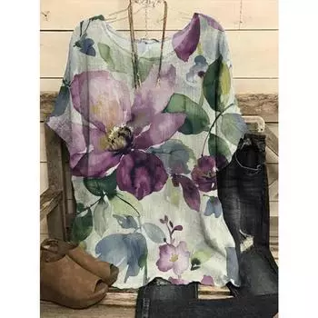 Женская повседневная футболка с 3D-принтом, винтажная цветочная свободная футболка с коротким рукавом, топы больших размеров для весны и лета 7XL фиолетовый