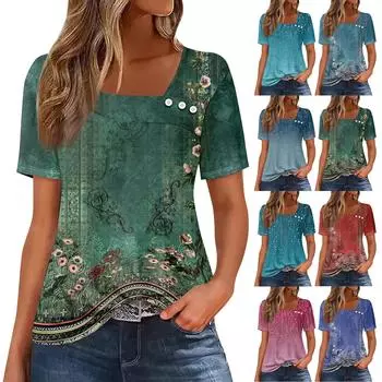 Женская повседневная футболка с асимметричным вырезом и коротким рукавом, декоративная пуговица L синий