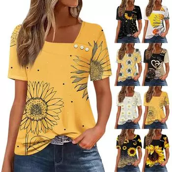 Женская повседневная футболка с асимметричным вырезом и коротким рукавом, декоративная пуговица L чёрный