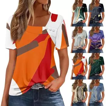 Женская повседневная футболка с асимметричным вырезом и коротким рукавом, декоративная пуговица L синий