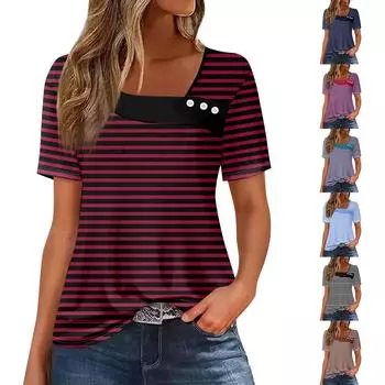 Женская повседневная футболка с асимметричным вырезом и коротким рукавом, декоративная пуговица L чёрный