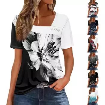 Женская повседневная футболка с асимметричным вырезом и коротким рукавом, декоративная пуговица L чёрный