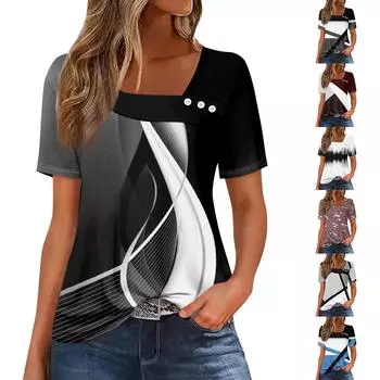 Женская повседневная футболка с асимметричным вырезом и коротким рукавом, декоративная пуговица L чёрный