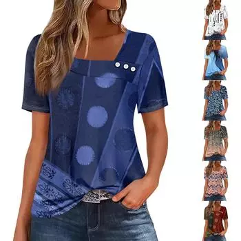 Женская повседневная футболка с асимметричным вырезом и коротким рукавом, декоративная пуговица M