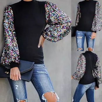 Женская повседневная футболка с блестками, блузка, женские свободные футболки с длинными рукавами, пуловер