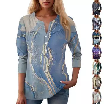 Женская повседневная футболка с цветочным принтом и V-образным вырезом, декоративная пуговица L армия зеленый