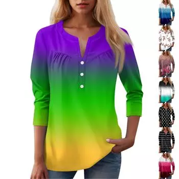 Женская повседневная футболка с цветочным принтом и V-образным вырезом, декоративная пуговица L чёрный