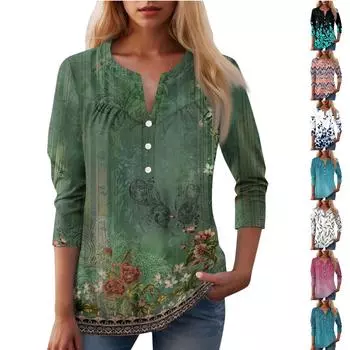 Женская повседневная футболка с цветочным принтом и V-образным вырезом, декоративная пуговица L армия зеленый