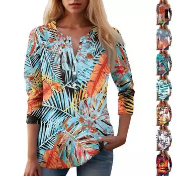 Женская повседневная футболка с цветочным принтом и V-образным вырезом, декоративная пуговица L циан