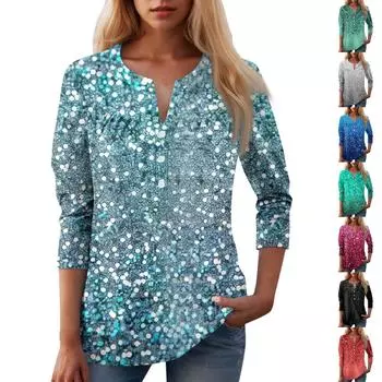 Женская повседневная футболка с цветочным принтом и V-образным вырезом, декоративная пуговица XL
