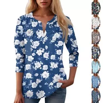 Женская повседневная футболка с цветочным принтом и V-образным вырезом, декоративная пуговица S зелёный