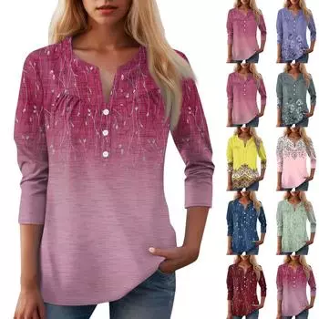 Женская повседневная футболка с цветочным принтом и V-образным вырезом, декоративная пуговица L синий